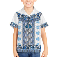 Ukraine Family Matching Off The Shoulder Long Sleeve Dress and Hawaiian Shirt Traditional Braided Rope Belt Blue Folk Pattern