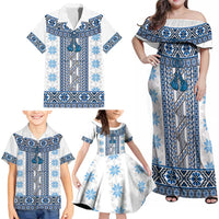 Ukraine Family Matching Off Shoulder Maxi Dress and Hawaiian Shirt Traditional Braided Rope Belt Blue Folk Pattern