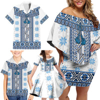 Ukraine Family Matching Off Shoulder Short Dress and Hawaiian Shirt Traditional Braided Rope Belt Blue Folk Pattern