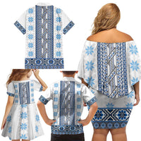 Ukraine Family Matching Off Shoulder Short Dress and Hawaiian Shirt Traditional Braided Rope Belt Blue Folk Pattern