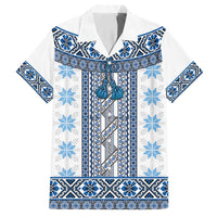 Ukraine Family Matching Off Shoulder Short Dress and Hawaiian Shirt Traditional Braided Rope Belt Blue Folk Pattern