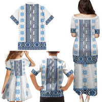 Ukraine Family Matching Puletasi and Hawaiian Shirt Traditional Braided Rope Belt Blue Folk Pattern