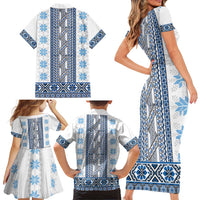 Ukraine Family Matching Short Sleeve Bodycon Dress and Hawaiian Shirt Traditional Braided Rope Belt Blue Folk Pattern