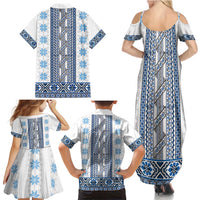 Ukraine Family Matching Summer Maxi Dress and Hawaiian Shirt Traditional Braided Rope Belt Blue Folk Pattern