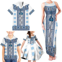 Ukraine Family Matching Tank Maxi Dress and Hawaiian Shirt Traditional Braided Rope Belt Blue Folk Pattern