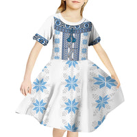Ukraine Kid Short Sleeve Dress Traditional Braided Rope Belt Blue Folk Pattern