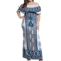 Ukraine Off Shoulder Maxi Dress Traditional Braided Rope Belt Blue Folk Pattern