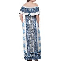 Ukraine Off Shoulder Maxi Dress Traditional Braided Rope Belt Blue Folk Pattern