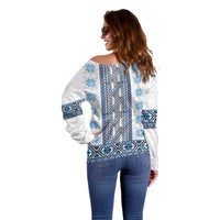 Ukraine Off Shoulder Sweater Traditional Braided Rope Belt Blue Folk Pattern
