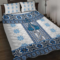 Ukraine Quilt Bed Set Traditional Braided Rope Belt Blue Folk Pattern