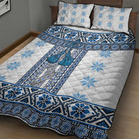 Ukraine Quilt Bed Set Traditional Braided Rope Belt Blue Folk Pattern