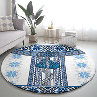 Ukraine Round Carpet Traditional Braided Rope Belt Blue Folk Pattern