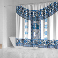 Ukraine Shower Curtain Traditional Braided Rope Belt Blue Folk Pattern