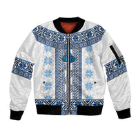 Ukraine Sleeve Zip Bomber Jacket Traditional Braided Rope Belt Blue Folk Pattern