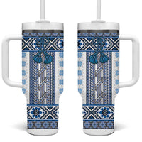 Ukraine Tumbler With Handle Traditional Braided Rope Belt Blue Folk Pattern