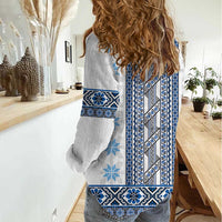 Ukraine Women Casual Shirt Traditional Braided Rope Belt Blue Folk Pattern