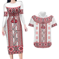 Ukraine Couples Matching Long Sleeve Bodycon Dress and Hawaiian Shirt Traditional Braided Rope Belt Red Folk Pattern