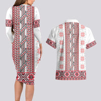 Ukraine Couples Matching Long Sleeve Bodycon Dress and Hawaiian Shirt Traditional Braided Rope Belt Red Folk Pattern