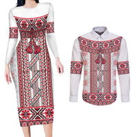Ukraine Couples Matching Long Sleeve Bodycon Dress and Long Sleeve Button Shirt Traditional Braided Rope Belt Red Folk Pattern