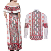 Ukraine Couples Matching Off Shoulder Maxi Dress and Long Sleeve Button Shirt Traditional Braided Rope Belt Red Folk Pattern