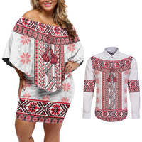 Ukraine Couples Matching Off Shoulder Short Dress and Long Sleeve Button Shirt Traditional Braided Rope Belt Red Folk Pattern