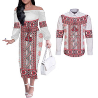 Ukraine Couples Matching Off The Shoulder Long Sleeve Dress and Long Sleeve Button Shirt Traditional Braided Rope Belt Red Folk Pattern