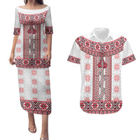 Ukraine Couples Matching Puletasi and Hawaiian Shirt Traditional Braided Rope Belt Red Folk Pattern