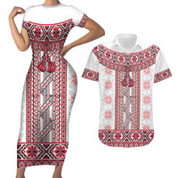 Ukraine Couples Matching Short Sleeve Bodycon Dress and Hawaiian Shirt Traditional Braided Rope Belt Red Folk Pattern