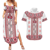 Ukraine Couples Matching Summer Maxi Dress and Hawaiian Shirt Traditional Braided Rope Belt Red Folk Pattern