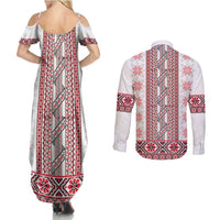 Ukraine Couples Matching Summer Maxi Dress and Long Sleeve Button Shirt Traditional Braided Rope Belt Red Folk Pattern