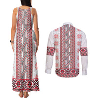 Ukraine Couples Matching Tank Maxi Dress and Long Sleeve Button Shirt Traditional Braided Rope Belt Red Folk Pattern