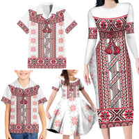 Ukraine Family Matching Long Sleeve Bodycon Dress and Hawaiian Shirt Traditional Braided Rope Belt Red Folk Pattern