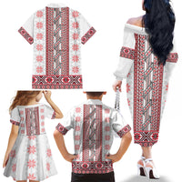 Ukraine Family Matching Off The Shoulder Long Sleeve Dress and Hawaiian Shirt Traditional Braided Rope Belt Red Folk Pattern