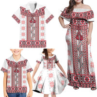 Ukraine Family Matching Off Shoulder Maxi Dress and Hawaiian Shirt Traditional Braided Rope Belt Red Folk Pattern