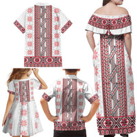 Ukraine Family Matching Off Shoulder Maxi Dress and Hawaiian Shirt Traditional Braided Rope Belt Red Folk Pattern