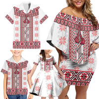 Ukraine Family Matching Off Shoulder Short Dress and Hawaiian Shirt Traditional Braided Rope Belt Red Folk Pattern