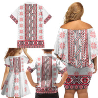 Ukraine Family Matching Off Shoulder Short Dress and Hawaiian Shirt Traditional Braided Rope Belt Red Folk Pattern