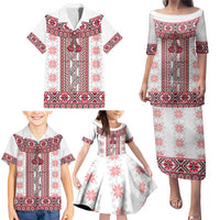 Ukraine Family Matching Puletasi and Hawaiian Shirt Traditional Braided Rope Belt Red Folk Pattern