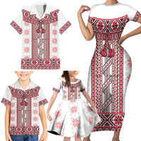 Ukraine Family Matching Short Sleeve Bodycon Dress and Hawaiian Shirt Traditional Braided Rope Belt Red Folk Pattern