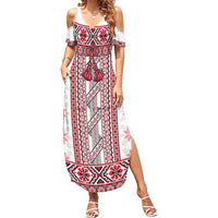 Ukraine Family Matching Summer Maxi Dress and Hawaiian Shirt Traditional Braided Rope Belt Red Folk Pattern