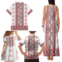 Ukraine Family Matching Tank Maxi Dress and Hawaiian Shirt Traditional Braided Rope Belt Red Folk Pattern