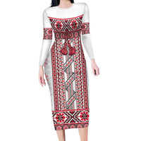 Ukraine Long Sleeve Bodycon Dress Traditional Braided Rope Belt Red Folk Pattern