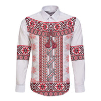 Ukraine Long Sleeve Button Shirt Traditional Braided Rope Belt Red Folk Pattern