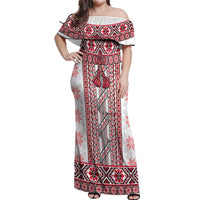 Ukraine Off Shoulder Maxi Dress Traditional Braided Rope Belt Red Folk Pattern