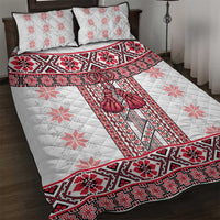 Ukraine Quilt Bed Set Traditional Braided Rope Belt Red Folk Pattern