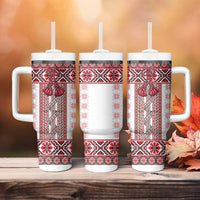 Ukraine Tumbler With Handle Traditional Braided Rope Belt Red Folk Pattern
