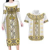 Ukraine Couples Matching Long Sleeve Bodycon Dress and Hawaiian Shirt Traditional Braided Rope Belt Yellow Folk Pattern