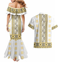 Ukraine Couples Matching Mermaid Dress and Hawaiian Shirt Traditional Braided Rope Belt Yellow Folk Pattern