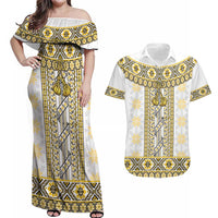 Ukraine Couples Matching Off Shoulder Maxi Dress and Hawaiian Shirt Traditional Braided Rope Belt Yellow Folk Pattern