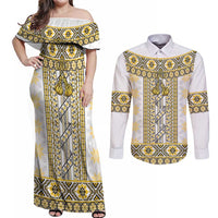 Ukraine Couples Matching Off Shoulder Maxi Dress and Long Sleeve Button Shirt Traditional Braided Rope Belt Yellow Folk Pattern